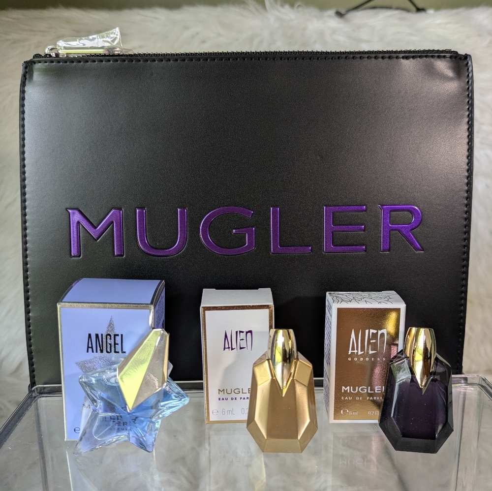 Mugler Black Pouch with Purple Logo and Fragrance Trio